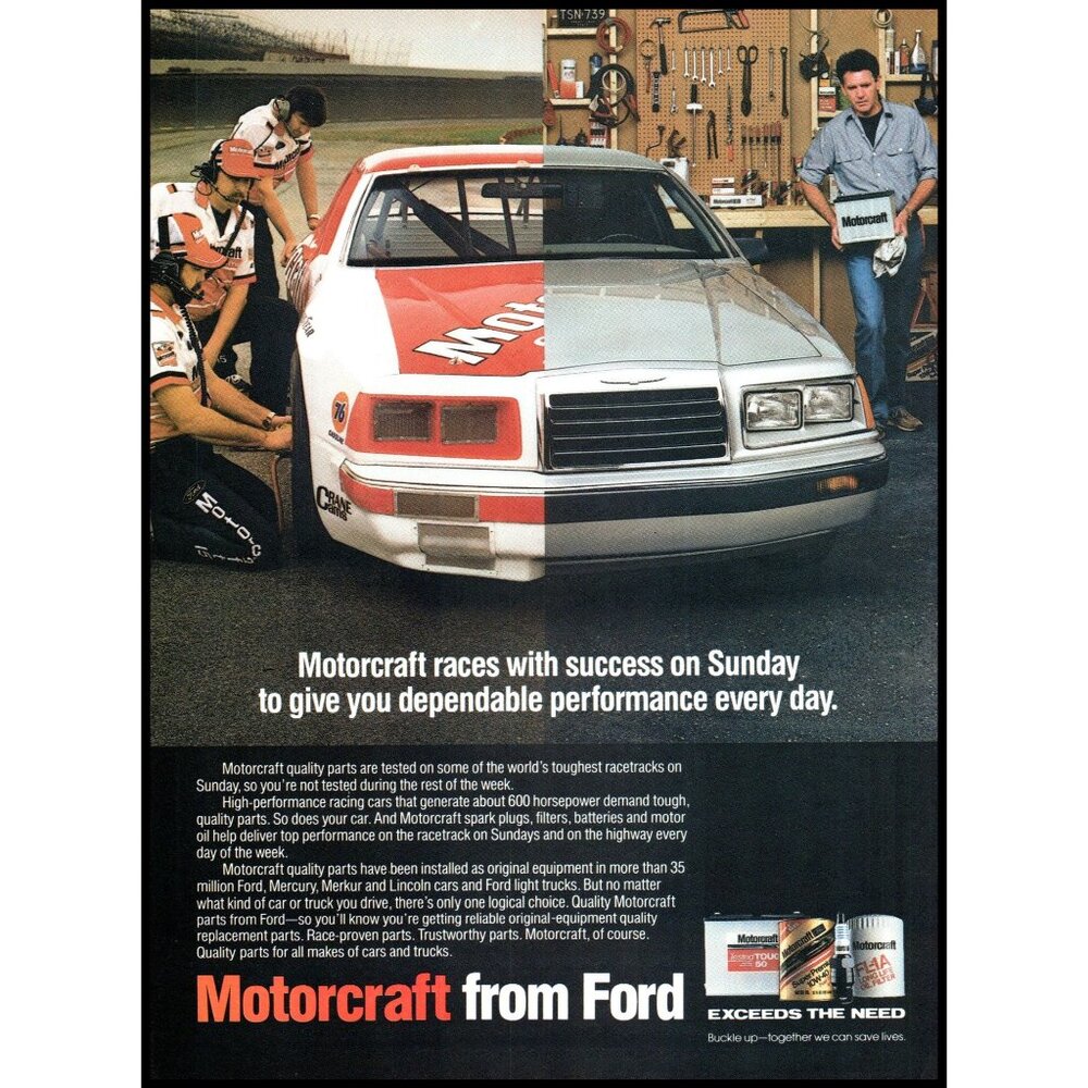 1986 Ford Motorcraft Car Parts Vintage Print Ad NASCAR Pit Crew Tbird Wall Art